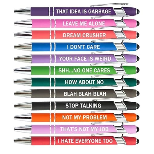 PASISIBICK 12 Pieces Funny Sarcastic Ballpoint Pens, Office Snarky Touch Screen Stylus Pen Encouraging, Black Ink (12 Color,Negative) - Image 1