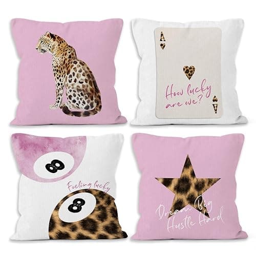 MONALET Pink Cheetah Preppy Throw Pillow Covers 18x18 Set of 4, Trendy Leopard Lucky 8 Balls Decor Pillow Cases for Teen Girls Dorm Bedroom, Retro Cheetah Print Pillowcases for Couch Bed Sofa - 4pcs Set-pink - Image 1