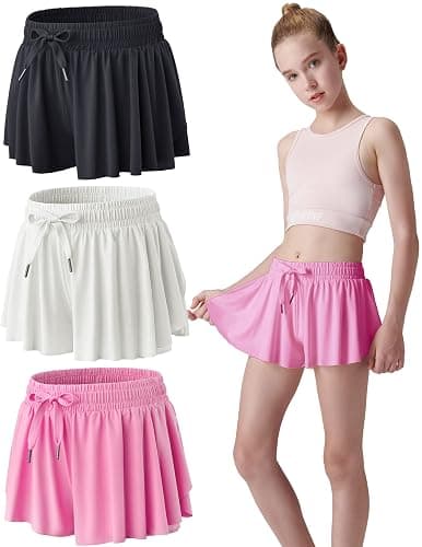 3 Pack Girls Flowy Shorts with Spandex Liner 2-in-1 Youth Butterfly Skirts for Fitness, Running, Sports - Image 1
