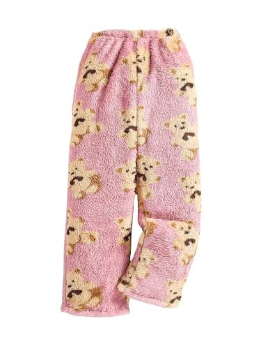 Floerns Girl's Cute Fuzzy Teddy Bear Pants Fleece Elastic Waist Wide Leg Baggy Sweatpants - Image 1