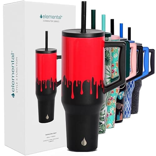 Elemental 40 oz Tumbler with Handle and Straw - Spill Proof Insulated Stainless Steel Commuter for Cold Beverages - Travel Coffee Mug with 2 Straws & Spill Proof Lid - 40oz - Sanguine Drip - Image 1