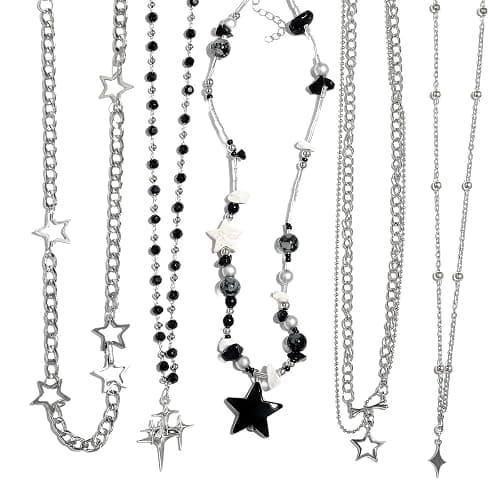 LIRUNQIN 5PCS Y2K Gothic Necklace Set – Star Pendant, Beaded Silver Chain, Grunge Emo Jewelry Pack – Alt Accessories for Women– Fairy Grunge, Alternative, Goth & Y2K Jewelry - Image 1