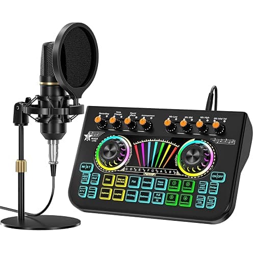 Podcast Microphone Bundle with Live Sound Card Audio Mixer, Podcast Equipment Bundle with 3.5mm Condenser Microphone for Pc/Phone Live Streaming Singing Gaming, Sound Board with Voice Changer, Denoise - Audio mixer+MIC(700) - Image 1
