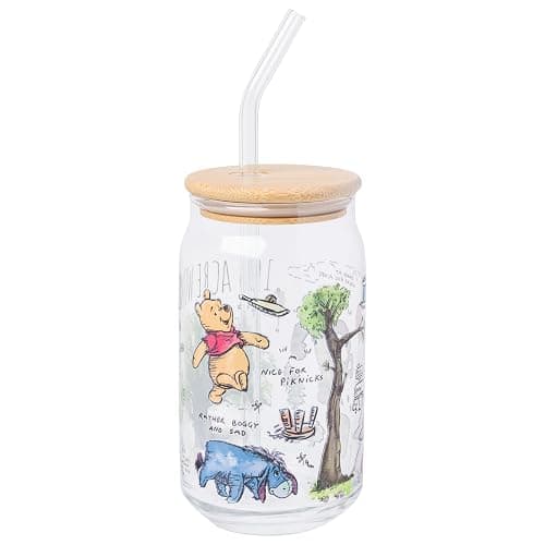 Silver Buffalo Disney Winnie the Pooh 100 Acre Wood Glass Tumbler with Bamboo Lid and Straw Featuring Winnie the Pooh and Eeyore, 16 Ounces - Image 1