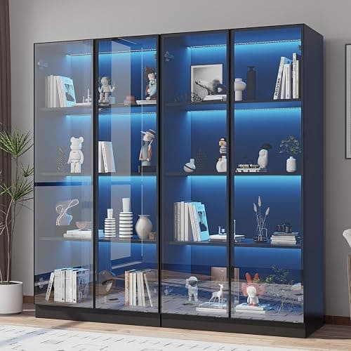 ZORPLIX Display Cabinet with LED Lights Set of 2, Glass Display Case Bookcase with 4-Tier Shelves, Curio Cabinet with 2 Glass Doors, Storage Cabinet for Collectibles, Living Room, Bedroom - 2 - 2 Glass Door - 4 Tier - Image 1