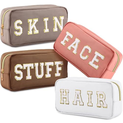 Remerry 4 PCS Nylon Cosmetic Bags Waterproof Spacious Travel Makeup Organizer for Women Chenille Letter Preppy Zipper Pouch Face Stuff Skin Hair Organizer Gift(Multicolor) - Image 1
