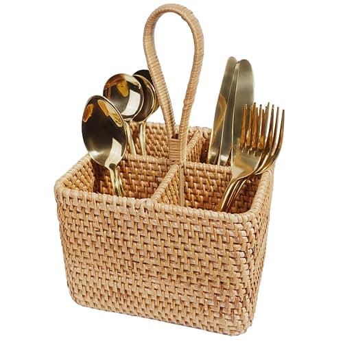 Natural Wicker Utensil Caddy with Built-in Handles,Wicker Silverware Caddy with 4 Compartments,Spoon Cutlery Holder Utensils Organizer,Condiment Organizer Silverware Holder(7.09 * 5.12 inch) - Image 1