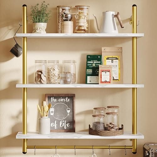 Bestier 31" Industrial Pipe Shelving, Floating Kitchen Wall Shelves 3 Tier Coffee Bar Shelves for Wall with 8 Hooks, Hanging Display Shelf Bookshelf for Living Room Bathroom, White Marble - Image 1