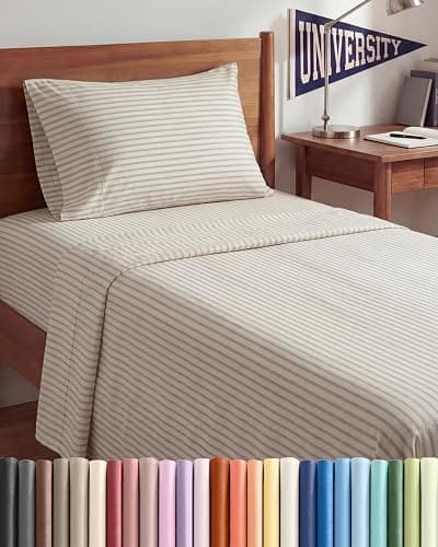 Twin XL Size 3 Piece Sheet Set - Comfy Breathable & Cooling Sheets - Hotel Luxury Bed Sheets for Women & Men - Deep Pockets, Easy-Fit, Soft & Wrinkle Free Sheets - Beige Stripes Oeko-Tex Bed Sheet Set - Image 1