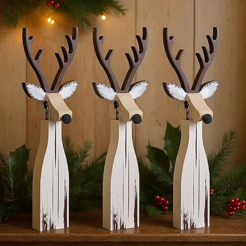 Syhood 3 Pcs Wooden Reindeer Figurines Reindeer Table Signs Deer Tiered Tray Decor Rustic Farmhouse Deer Tabletop Centerpiece for Winter Home Office Mantel Fireplace Shelf Desk Party Decorations - Image 1