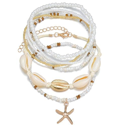 Qceasiy Shell Ankle Bracelet Set for Women, Gold Plated Boho Bead Adjustable Anklet, Hawaiian Beach Seashell Pearl Heart Starfish Conch Foot Jewelry Gifts - Image 1
