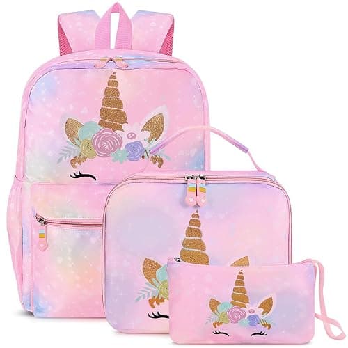 Cokouchyi 3 Pcs Kids Backpack Set with Lunch Box & Pencil Case, Lightweight Preschool Backpack for Girls Age 3-8, Kids Book bag Elementary, Unicorn - Image 1