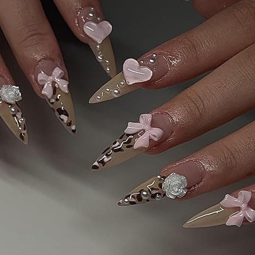 Leopard French Tip Press On Nails - Pointed Almond Glossy Pink Heart Design, Full Cover Nude Glue On False Nails for Women & Girls - Image 1