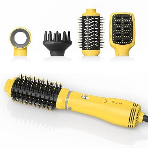 IG INGLAM Hair Dryer Brush, 4-in-1 Detachable Blow Dryer Brush, Ionic Diffuser Hair Dryer & Styler Volumizer with Oval Titanium Barrel, One-Step Hot Air Blowout Styler, Yellow - Image 1