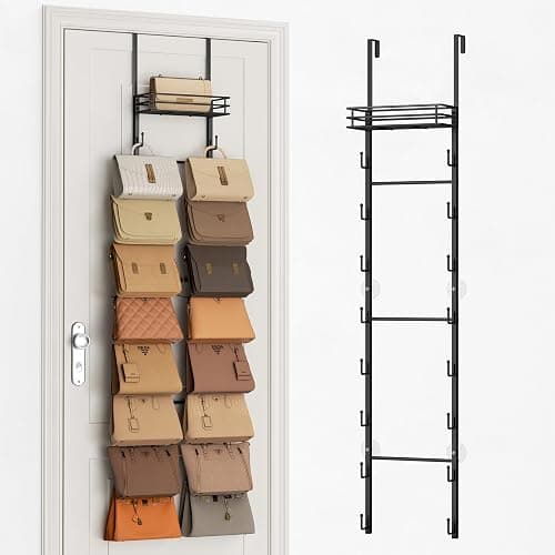 SWTYMIKI Over The Door Purse Organizer - Wall Mounted Handbag Organizer with 16 Hooks and Metal Basket, Hanging Purse Storage Rack Holds up to 16 Bags, Bag Rack Can Use As 1/2 Part, for Door, Closet - Image 1