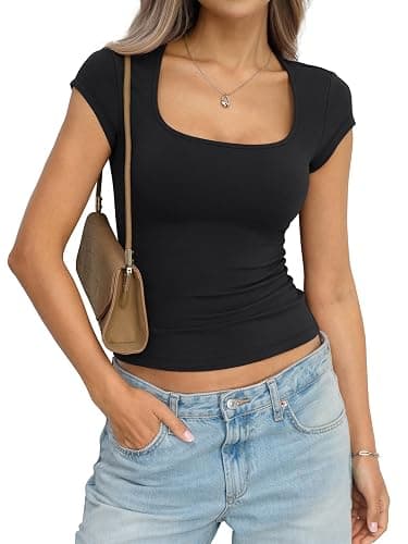 EasyGala Womens Cotton Square Neck Short Sleeve Shirts Slim Fit Cap Sleeve Tops Summer Basic Low Cut Tee Fashion Clothes - Image 1