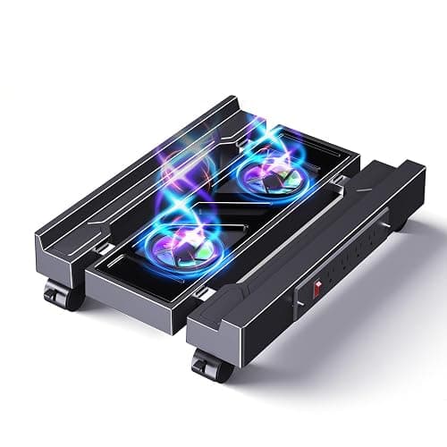 Hovadova Computer Tower Stand with Charging Station, Cooler Fan and Light, Adjustable PC Stand for Floor, Mobile CPU Stand with 4 Caster Wheels, Under Desk CPU Holder Fits Most PC Tower - Image 1