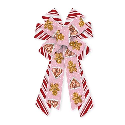 ABTOLS Large Christmas Bows for Wreath, Red Pink White Stripe Wreath Bows Christmas Gingerbread Bows for Front Door, Pink Xmas Decor Burlap Ornament Tree Topper Bows for Christmas Indoor Outdoor Decor - Image 1