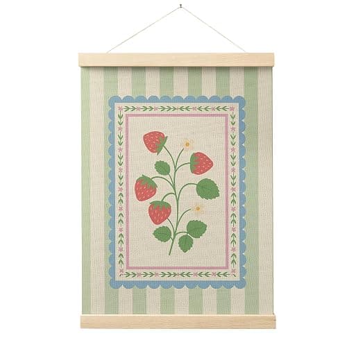 FGFK Rustic Floral Strawberry Wall Art Poster Hanger Frame, Strawberry Room Decor, Green Striped Cute Strawberries Hanging Canvas Prints Wall Art Decor for Home Kitchen, 12x16 Inch - Image 1