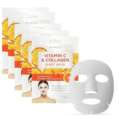 Skin 2.0 Vitamin C & Collagen Sheet Mask - Anti-Aging, Wrinkle & Age Spot Reducer, Hydrating & Moisturizing - Dermatologist Tested Korean Skincare, Clean Beauty, Cruelty-Free, All Skin Types - 5 Masks - Image 1