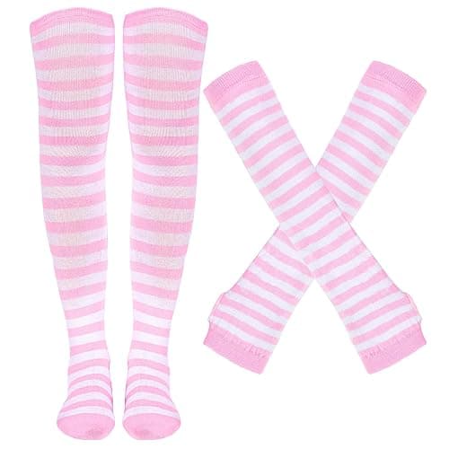 Tongcloud Women's Striped Knee High Socks, Over Knee Thigh High Socks, Arm Warmer and Fingerless Gloves Set - Image 1