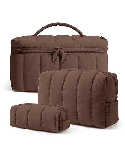 BAGSMART Travel Makeup Bag for Women, 3 Pcs Puffy Padded Cosmetic Organizer Bag, Large Toiletry Case and Small Purse Pouch for Gym, Work, Girls (Tan Brown) - Image 1