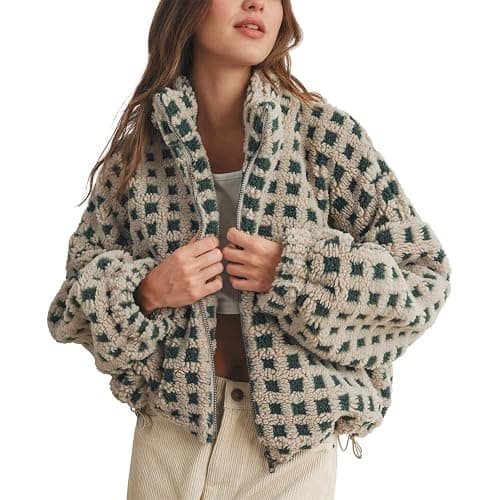 Keeliya Womens Checkered Sherpa Jacket Cropped Long Sleeve Plaid Fleece Coats Casual Zip Up Gingham Outwear with Pockets - Image 1