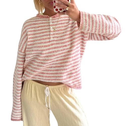 Watashi Women Striped Henley Sweater Long Sleeve Knit Top | Brushed Texture Oversized Rolled Edge Casual Loungewear Tops Spring Fall Knitwear Button Placket Pullover - Image 1
