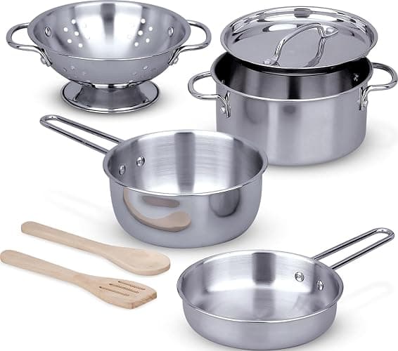 Melissa & Doug Stainless Steel Pots & Pans, 8 Piece Play Kitchen Set, Premium Play Kitchen Accessories & Cooking Utensils, Preschool Toys for Kids 3+ - Image 1