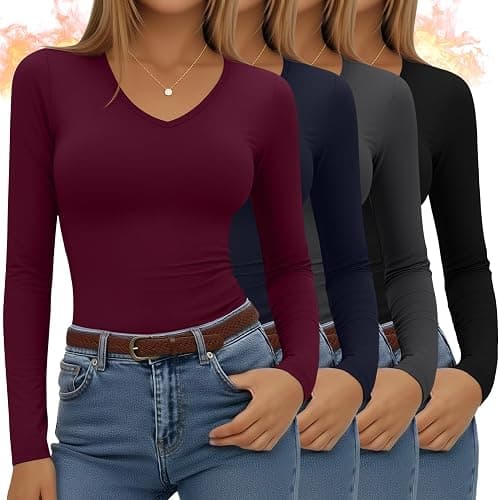 Velvelhall 4 Pack Women's Long Sleeve Thermal Shirts Fleece Lined V Neck Slim Fit Underwear Base Layer Basic Winter Warm Tops - Image 1