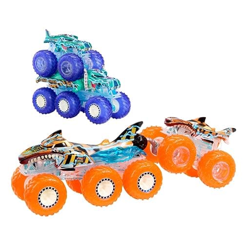 Hot Wheels Monster Trucks Toy Truck & Big Rig Multipack, 1:64 Scale Mega-Wrex & Tiger Shark with Big Rigs in Matching Power Smashers Deco - Image 1