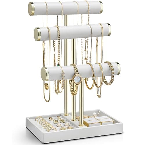 VLANDO 3 Tier Bracelet Holder Organizer with Tray - Leather Jewelry Stand Organizer for Women - Jewelry Holder Display for Necklace, Watches, Rings, Earrings, Bangle, Scrunchie - White - Image 1
