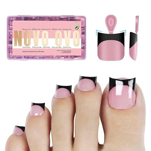 NOVO OVO Halloween Black French Tip Short Toe Nail Tips Press on with Moon Curve, BERRY PINK Thick Sharp Square Toenail Extension, Soft Gel False Nail Kit, Need Glue Builder Gel x 15 Sizes 240 pcs - Image 1