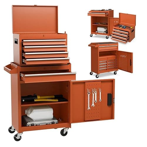 COSTWAY Large Rolling Tool Cabinet, 2-in-1 Detachable Metal Tool Chest with Drawers, Wheels, Handle & Hooks, Lockable Tool Box Trolley for Garage Workshop (5 Drawer with Adjustable Shelf, Orange) - Image 1