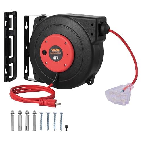 VEVOR Retractable Extension Cord Reel, 50 FT, Heavy Duty 14AWG/3C SJTOW Extension Power Cord with Lighted Triple Tap Outlet, 13A Circuit Breaker 180° Swivel Bracket for Ceiling or Wall Mount, Red - 50 FT 14AWG - Red - Image 1