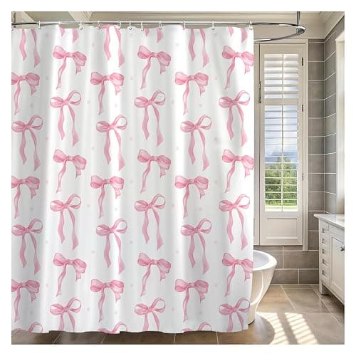 Cute Shower Curtain, Bow Pattern Waterproof Fabric Shower Curtain for Bathroom Decor, Aesthetic Modern Shower Curtains Sets with Hooks for Women Girls 72x72 Inches (Pink) - Image 1