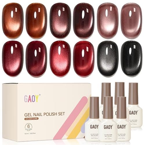 GAOY Red Cat Eye Gel Nail Polish Set 6 Colors, Crimson Allure | Burgundy Brown, Glass Cateye, Glitter, Valentine's Date Night New Year Christmas Nails, DIY Manicure at Home, Gift for Women - Image 1