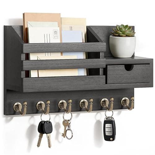 FifthQuarter Key Holder Wall Mount with Drawer and 6 Sturdy Hooks, A-Black | Cute Rustic Farmhouse Wooden Key Hooks for Wall, Reliable Entryway Organizer for Keys and Daily Essentials, Easy Installation - Image 1