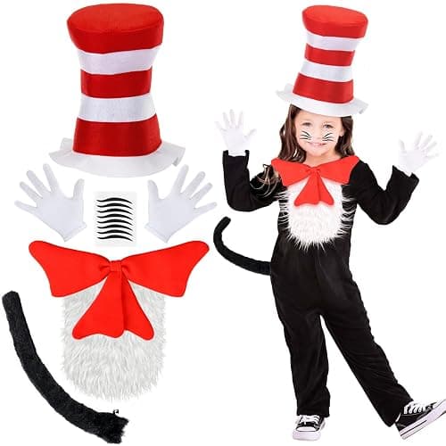 iZoeL Cat In The Hat Costume For Boys Girls World Book Day Costumes For Kids 2025 - Cat Character Wbd Fancy Dress Ideas For Childrens Hollaween Costume - Image 1