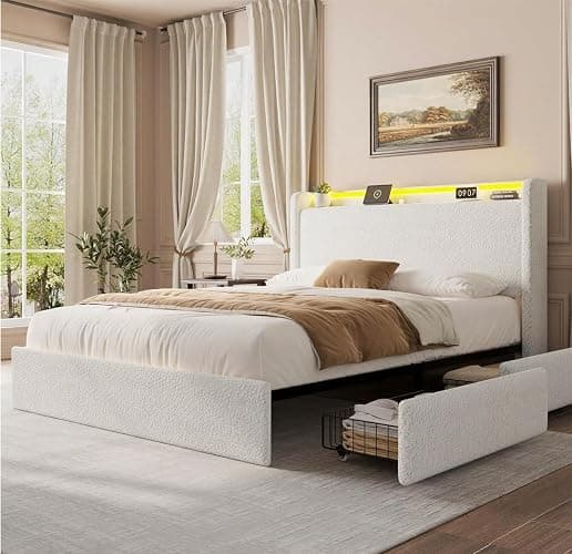coucheta Queen Size LED Bed Frame with Headboard & 4 Storage Drawers, Soft Boucle Upholstered Platform Bed Frame with Charging Station and USB Ports, Wooden Slats Support, No Box Spring Needed, White - Image 1
