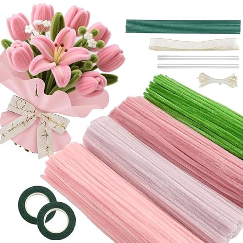 400 Pcs Pipe Cleaners Craft,4 Assorted Colors Pipe Cleaners Bulk, Chenille Stems for DIY Flower Making Kit with Floral Wires, Gardening Tape,Stamen& Ribbon (Pink) - Image 1