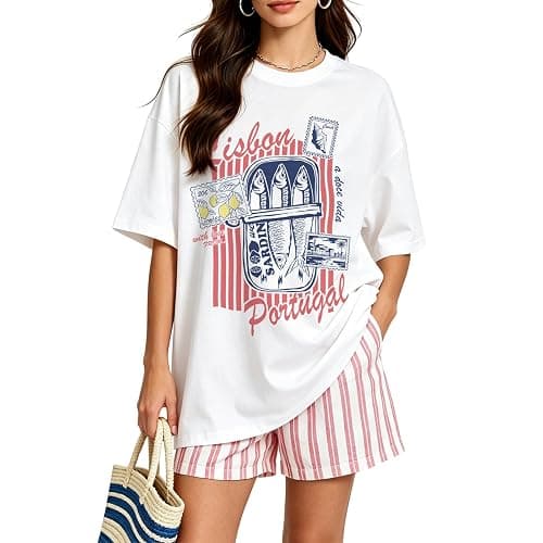 Women Cute Graphic Oversized Tees Fish Lobster Printed Y2K Baggy T Shirts Teen Girls Preppy Vintage Aesthetic Summer Tops - Image 1