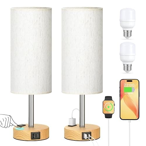 Touch Bedside Table Lamps Set - 3 Way Dimmable Bedroom Lamps Set of 2 with USB C & A Ports, Small Lamps for Nightstand with AC Outlet, Small Desk Lamp for Office, Dorm, Nursery - Dorm Room Essentials - Image 1