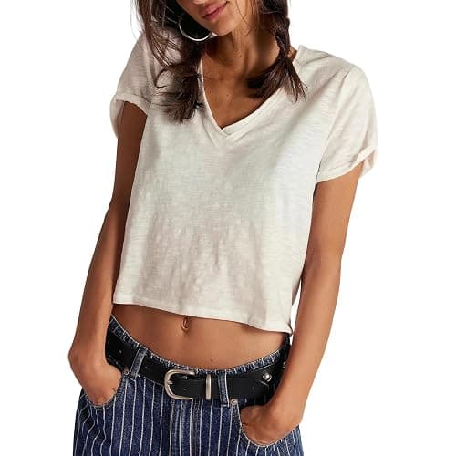 Womens V Neck Short Sleeve T Shirt for Layering Going Out Streetwear Crop Tops Boxy Aesthetic Vintage Solid Tees - Image 1