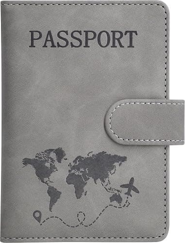 Passport Holder, Passport Cover with Credit Card Slot and Boarding Pass Slot Combo, Passport Wallet Case Book Travel Must Have, RFID Blocking Leather Travel Accessories, Grey - Image 1