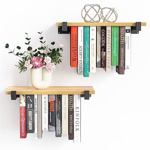 NANATI 2 Set of Floating Bookshelf, Pine Wood Invisible Bookshelf, Hanging Bookshelves for Wall, Unique Space Saving Wall Bookcase (16.5L×8.7W×1.5H) - Image 1