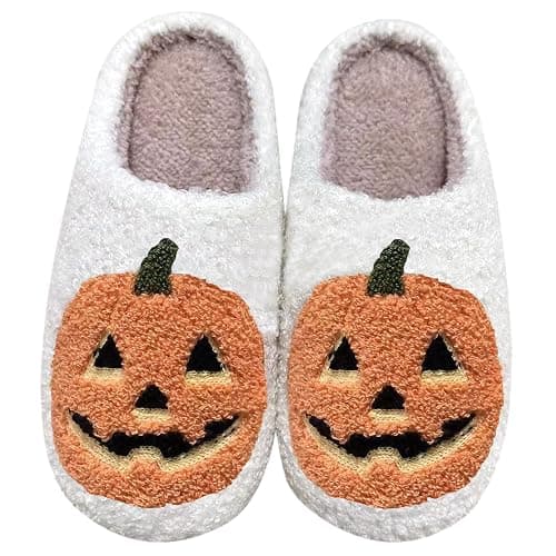 USSOLYW Halloween Pumpkin Slippers for Womens Mens Cute Cartoon Slippers Plush Warm Memory Foam Shoes - 9-10 Women/8-8.5 Men - White - Image 1