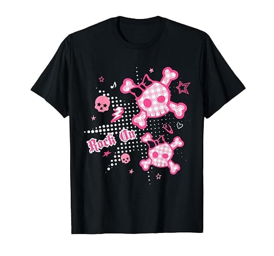 Y2k Hot Pink Black Trendy Skull 2000s Grunge Emo Teen Girls T-Shirt - Image 1