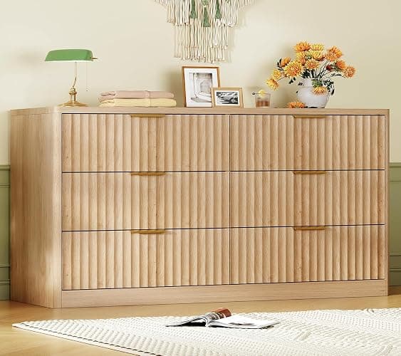 TEENFON Fluted 6 Drawer Dresser for Bedroom, Wide Modern Chest of Drawers with Metal Handle, Curved Profile Design, Wood Closet Clothes Storage Organizer for Bedroom, Living Room, Hallway, Natural - Image 1