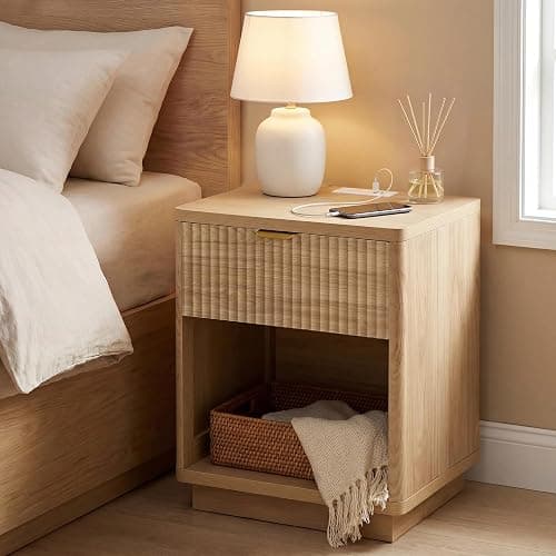 Nasonet Fluted Nightstand Charging Station,Wood Modern Night Stands Storage Cabinet for Bedroom,Oak Bedside Table with Drawers - Image 1